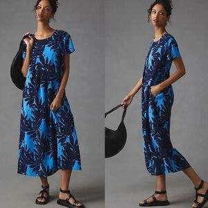 Porridge By Anthropologie Relaxed Crewneck Leaf Short Sleeve Dress In Blue XXS